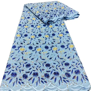 KY-5008 Tecido de Renda Voile Suíço com Strass Africano Nigeriano à Venda Pano de Algodão Ocasião Feminina Festa Requintada Vestido Formal de 5 Metros Azul Verão e Outono