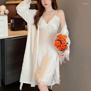 Women's Sleepwear Women Sexy Gown Set Silky Robe Sleeveless Sleepdress 2Pcs Suit 2023 Summer Floral Print Home Wear Female Nightwear