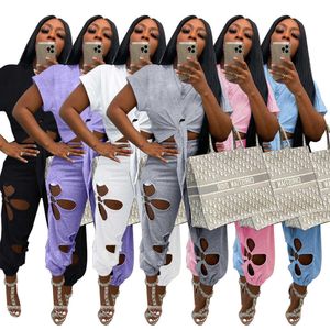 Womens Cotton Two Piece Pants Set Drawstring Cotton Pullover Sunscreen Short Sleeve Lace Hole Irregular Top Set Outfits