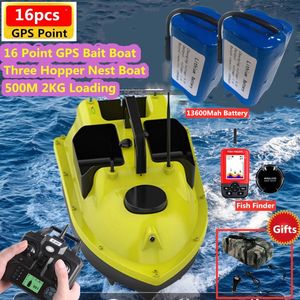 Elektriska/RC -båtar 16 Point GPS BAIT BOAT 3 Hoppers 500m 2 kg Load GPS Auto Feed Retur Bait Båt med Fish Finder RC Fishing Finder Boat till 230802