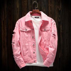 Denim Jacket Men Ripped Holes Mens Black White Pink Jean Jackets New Garment Washed Mens Denim Coat