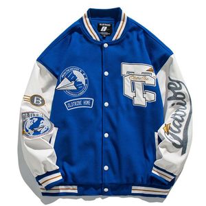 Giacche da uomo Uomo Donna Primavera Autunno Spalline universitarie Ricamo Uniforme da baseball allentata Coppia Cappotto bomber con maniche in pelle retrò blu 230803