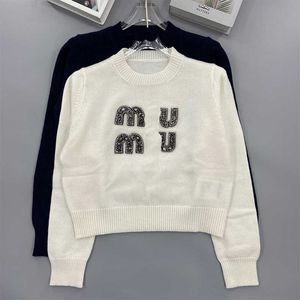 Home Knitted Letter Beaded Round Neck Long Sleeve Cashmere Sweater Sweet Age Reducing Style Women's 2023 Autumn/winter New Product