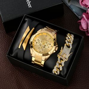 Relógios de pulso Luxo Premium Mens Relógio de Ouro Conjunto com Caixa Full Steel Quartz Relógio de Pulso para Homens Luxuosos Pulseiras Presentes de Natal para o Marido 230802