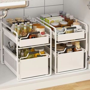 Multi-functional pull-out kitchen condiment shelf under the sink cabinet free installation drawer storage shelf