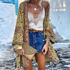 Women's T Shirts 2023 INS Loose Long Sleeve Floral Print Bohemian Vacation Shirt Outfits Y2K Clothes Summer Boho Cardigan Top For Women