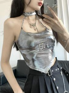 Arbetsklänningar Silver Neck Rem Tank TOP Open Back Hleeveless Tie Kort oregelbunden veckad minikjol Tvådelar Set Womens Outifits