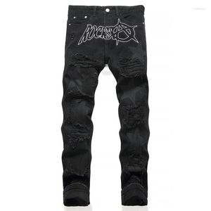 Mäns jeans män rippade hål lapptäcke streetwear hip hop punk stil denim byxor smala mode