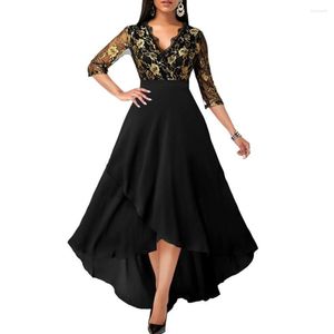 Casual Dresses Lady Prom Maxi Dress Elegant With V Neck Lace Sleeves Flower Embroidery A-line Silhouette High Waist Irregular