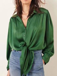 Camicette da donna Camicetta verde con design annodato con lacci alla francese per donna Camicia e top a maniche lunghe da donna monopetto con colletto rovesciato