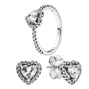 Sparkling Elevated Heart Ring Stud Earrings Set för Pandora Real 925 Sterling Silver Designer Jewelry for Women Luxury Love Rings Earring med Original Box Set