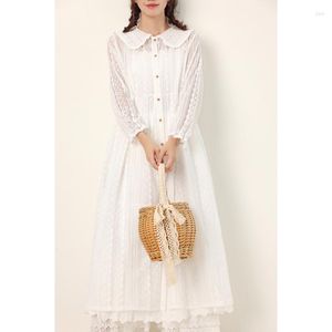 Vestidos Casuais Feminino Doce Bordado Oco Renda Crochê Vestido Outono Cintura Solta Transparente Casaco Cardigã Camisa Robe