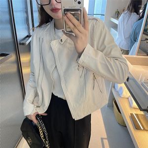 Women's Leather Spring Women Stand Collar Slim Short Faux Coat Autumn Female Long Sleeve Cropped Biker Jacket Streetwear Pink Blue Black