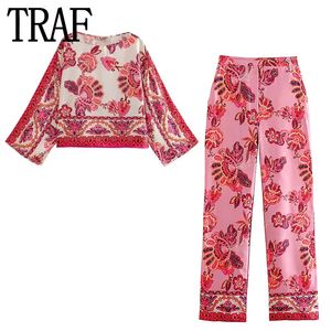 سراويل نسائية Capris Traf Pink High Weist للنساء طباعة سراويل النساء مجموعات غير رسمية سروال الصيف للسيدات ملابس الشارع سراويل 230802