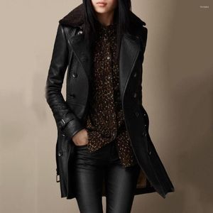 Women's Leather British Faux Fur Collar Trench Coat Motorcycle Thickened Jacket Female Slim Fitting Outerwear Winter