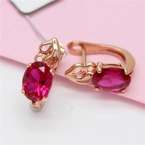 Studörhängen 585 Purple Gold Plated 14k Rose Inlaid Ruby for Women Classic Fashion Ear Buckle Wedding Jewelry Gift