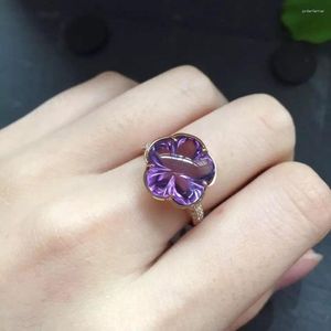 Pierścienie klastra Dobra biżuteria Prawdziwa 18K Gold Plum Blossom Natural Amethyst Kamienie Kobieta na kobiety pierścień