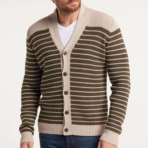 Suéter Masculino 2023 Outono Listrado Malha Decote em V Cardigan Suéter Manga Longa Casual Streetwear Botões Casaco Vintage Luxo