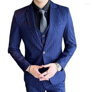 Мужские костюмы PIN с полосатыми для мужчин Slim Fit Notch Lapel Custom Fashion Fashion Formal Formal Business Suit 3 Piece Groom Tuxedo Wedding 2023