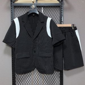 Men's Tracksuits Summer Loose Handsome Short-sleeved Striped Blazers Shorts Suit Fashion Causal High Street Jackets Five-point Pants Male
