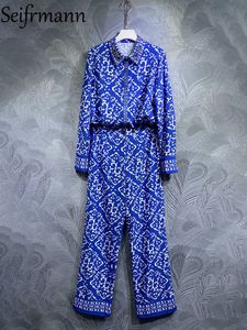 Calças femininas de duas peças Seifrmann Alta Qualidade Primavera Mulheres Moda Runway Define Lanterna Manga Solta Camisas Azul Ditsy Impresso Ternos Longos 230802