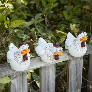 Decorative Objects Figurines Chicken Sitting on Fence Decor Garden Statues for Fences Rooster Wall Art Yard Sculptures Farm Patio Lawn Decoration 230802