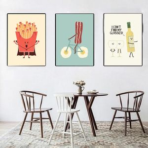 Retro Funny Cartoon Poster Print Sushi French Fries Cute Foods Canvas Painting Wall Art Pictures Kitchen Restaurant Home Decor w06
