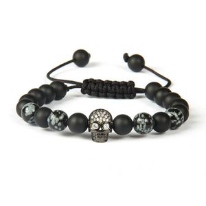 Cała 10pc działka 8 mm Matte Agate i Obsidian Stone z czystą czarną bransoletką Macrame Black Skull dla Men293T