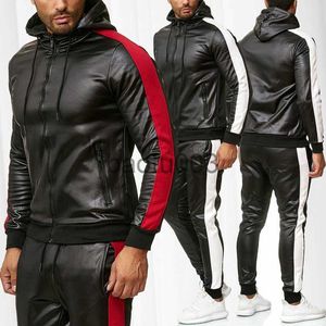 Herren-Trainingsanzüge ZOGAA Herren-Pullover-Pullover-Set aus PU-Leder, 2-teiliger lässiger Sweatsuit, Kapuzenjacke und Hose, Jogginganzug-Trainingsanzüge J230803