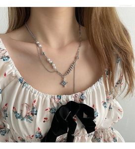Chains Cyan Little Star Paneled Pearl Fringed Titanium Steel Necklace Hip Hop Babes Sweet Cool Accessories Collarbone Chain