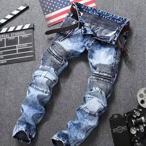 Jeans masculinos europeus e americanos dobra direta zíper motocicleta floco de neve de alta qualidade plus size vendas mens denim 230803