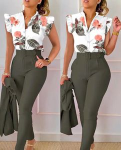 Women's Two Piece Pants 2023 Sets Autumn Fashion Print StandUp Collar LongSleeved Shirt Top With Belt Solid Color Trousers 230802