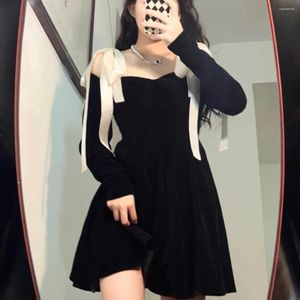 Повседневные платья 2023 Vestidos de Mujer Vintage for Women Bangage Tunic Black Rope vestido Feminino Корейская мода А-линия бархатное платье