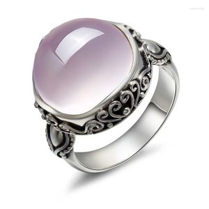 Cluster Rings Long Baolong 925 Sterling Silver Jewelry Natural Lotus Stone Powder Crystal Ring Finger Retro Ms.