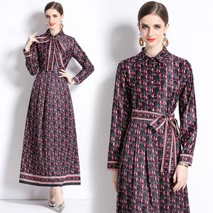 Luxury Designer Print Party Long Dress Woman 2023 Lantern Sleeve Lapel Classic Button Shirt Maxi Dresses Office Lady Slim Elegant Spets Up Bow Party Cute Runway Frocks