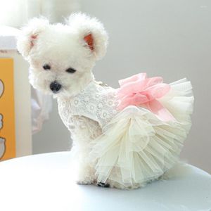 犬のアパレルチャーミングパフィーサッシレースドレスボウタイメッシュパッチワークフローラル刺繍小犬用愛らしいペットコスチューム