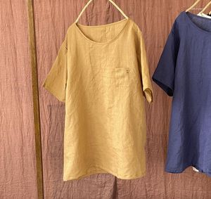 Koszulki damskie Ramie Women koszulka o szyja 2023 Lato stały kolor luz luźne krótkie rękawy swobodny moda podstawowa bluzka kobieta yoyikamomo