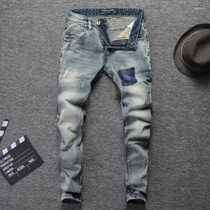 Erkek kot pantolon vintage tasarım moda erkekler streç ince fit elastik pamuk denim pantolon yırtık için yüksek kaliteli klasik