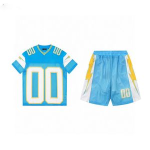 23SS Blue Sporty Hollow Out Bortable Short Sleeve and Shorts Set Euro -storlek