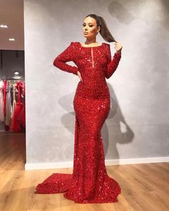 Arabic Middle East Gold Long Sleeves Mermaid Prom Dresses bateau 2023 Red Sequined Black Girls Evening Wear Gowns Robes De Soiree