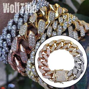 Braccialetto a catena a maglie cubane con zirconi cubici multicolore Rainbow CZ Stone Mens Hip Hop Curb Catene Miami Punk Rock Rapper Gioielli Braccialetto in rame per ragazzi Bijoux Regali