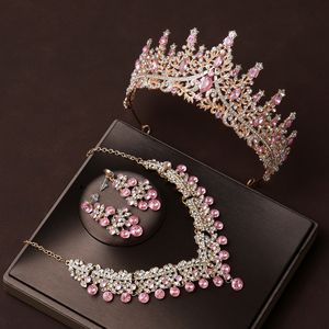 Wedding Jewelry Sets Bridal Headwear Full Of Sweet Atmosphere Elegant Pinkcolor Ladies' Tiara Necklace Earrings 4 Pcs Set 230803
