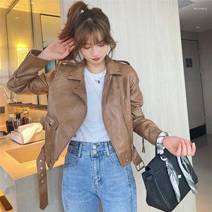 Kvinnor läder vårkoreanska kvinnor brun smal kort faux kappa med skärm lapel långärmad kvinnlig streetwear pu biker jacka outwear