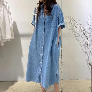 Vestidos Casuais Moda Feminina Camisa Denim Vestido Gola Turn-down Meia Manga Vários Bolsos Botão para baixo Cor Sólida Midi Casaco Longo Jaqueta