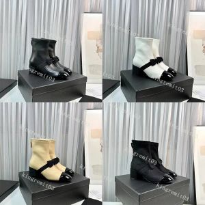 Designer-Damen-Stiefeletten, Lammfell, Stretch-Stiefel, Schleife, dekorative klobige High Heels, helles Leder, kurze Stiefel, sexy Damen-Outdoor-Stiefel mit Box