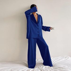 Damen-Nachtwäsche, übergroße Satin-Seide, tief ausgeschnitten, sexy Pyjamas für Damen, einreihig, lange Ärmel, weites Bein, Hosen, Hosenanzüge