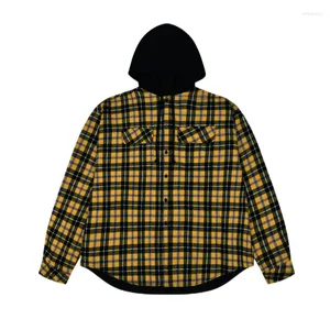 Men's Jackets 2023 Men Flannel Yellow Plaid Grailz Reversible Coats & / Down Shirts Hood Cotton Warm Spring Size 0 1 2#A20