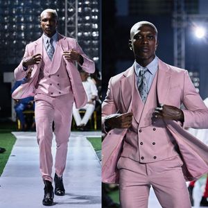 Pink Wedding Tuxedos For Groom Notched Lapel Jacket Evening Party Prom Suits Slim Fit Men 3 Pieces Blazer Pants Vest
