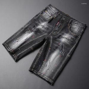 Jeans masculinos tendências de verão moda homens retro preto cinza emendado elástico rasgado curto desenhado designer hip hop denim shorts