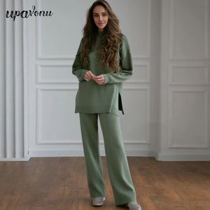 Pantaloni a due pezzi da donna Autunno Casual Tinta unita lavorato a maglia Set da donna Manica lunga Pullover allentato Maglieria Dritto 2 pezzi 230802